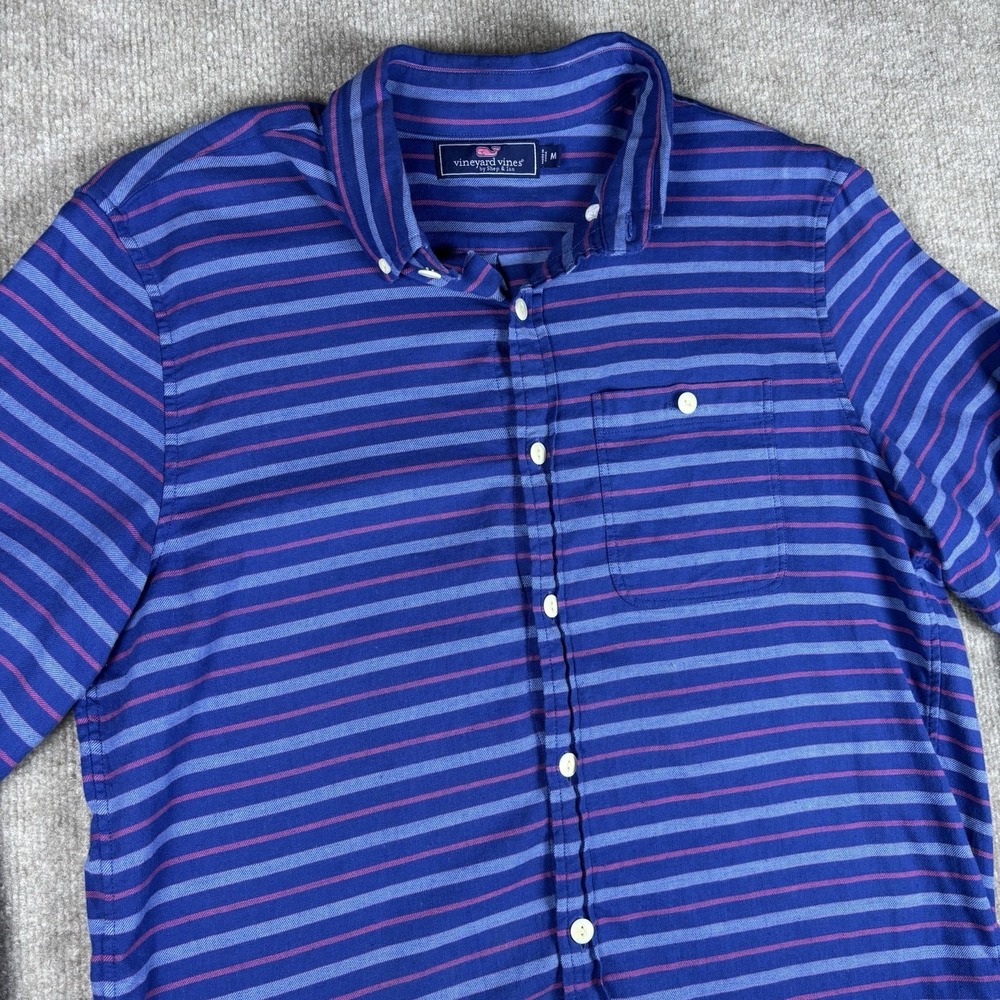Vineyard Vines Mens Medium Blue Pink Striped Button Down Shirt Cotton Linen LS